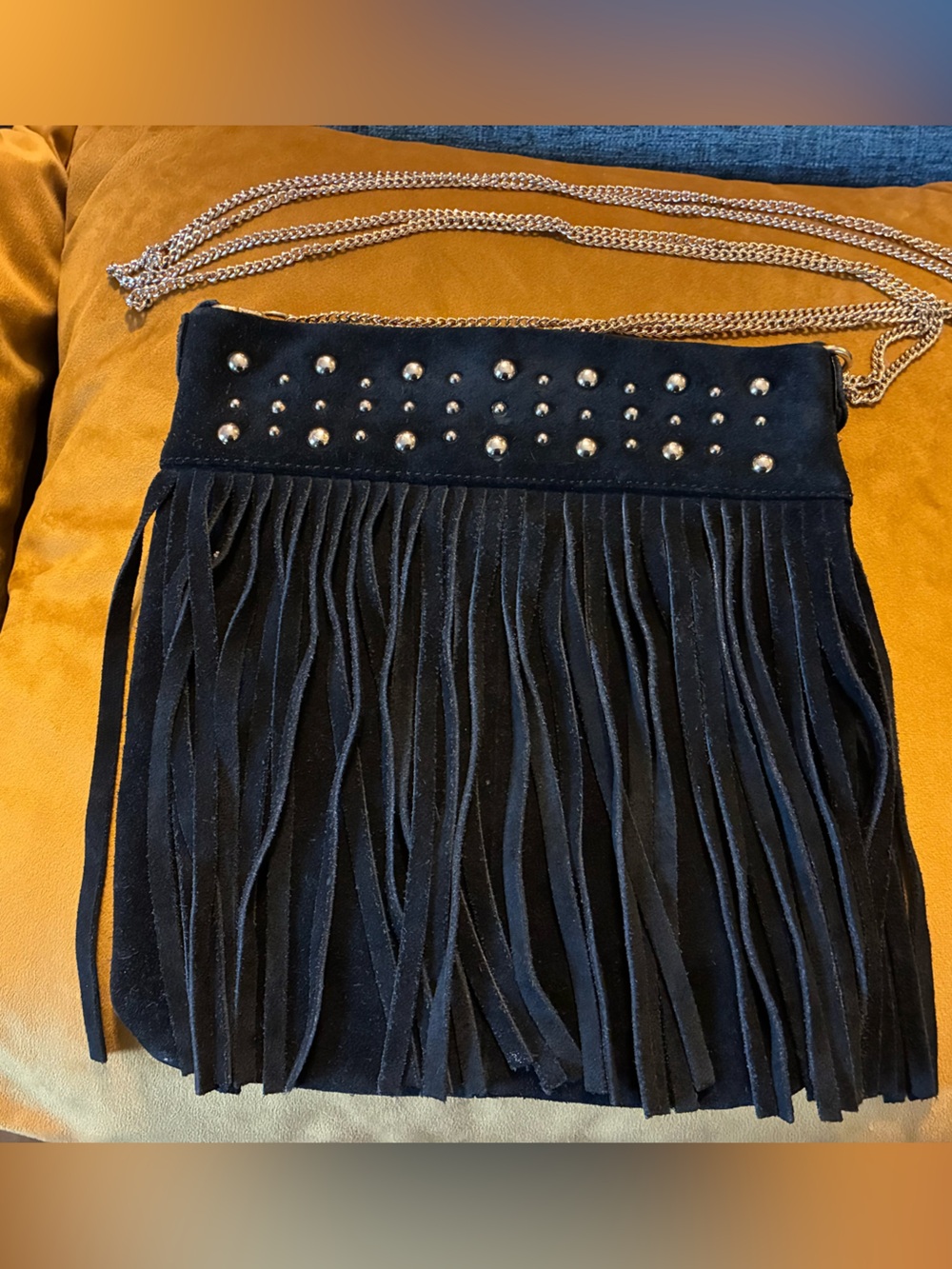 GENUINE SUEDE Paradox Black Fringe Crossbody with Gold Tone Studs, Chain strap